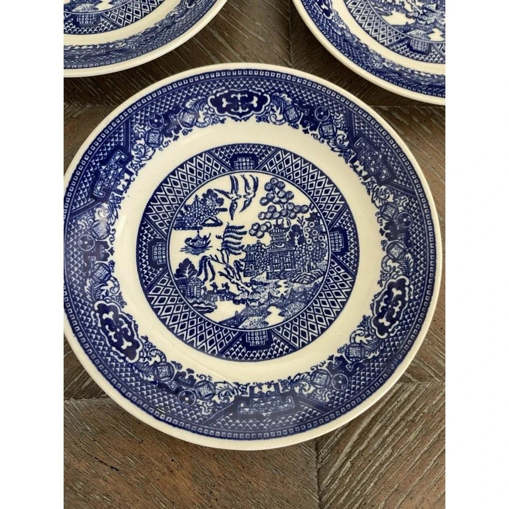 Vtg Willow Ware Blue Willow Transferware 3 Dessert Plates/Saucers 6